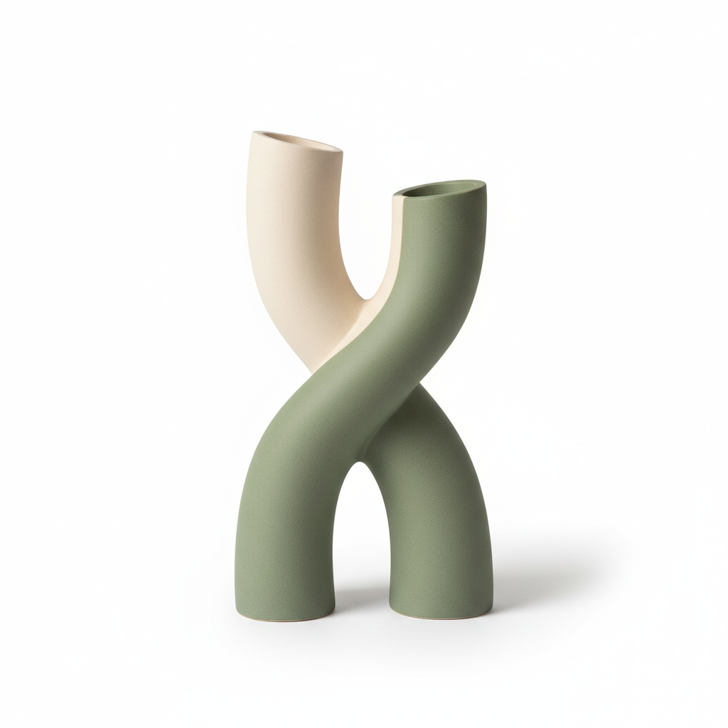 Abstract ceramic sculpture in matte white and sage green
