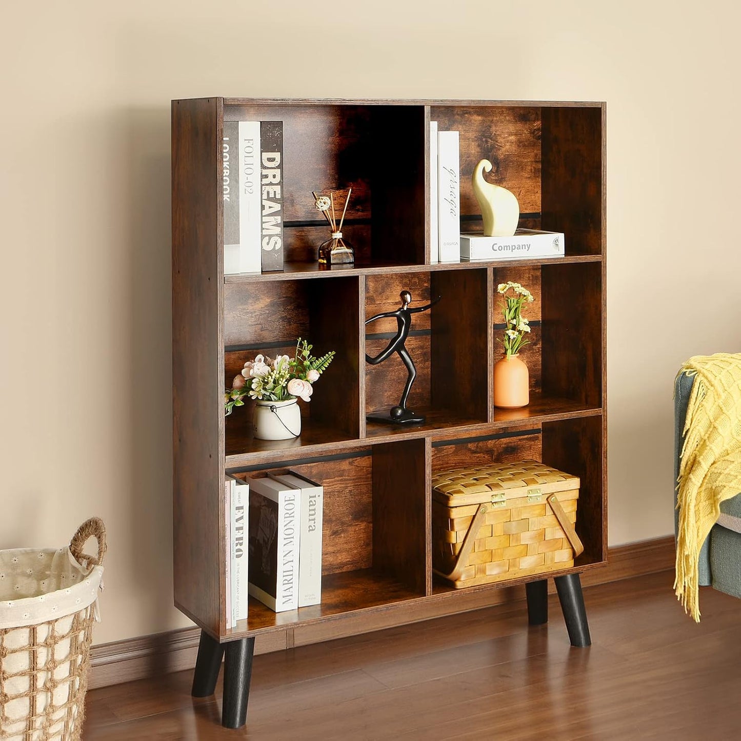 📚 Mid-Century Modern Bookshelf – Stylish 3 Tier Open Storage Bookcase for Living Room, Bedroom & Home Office ✨