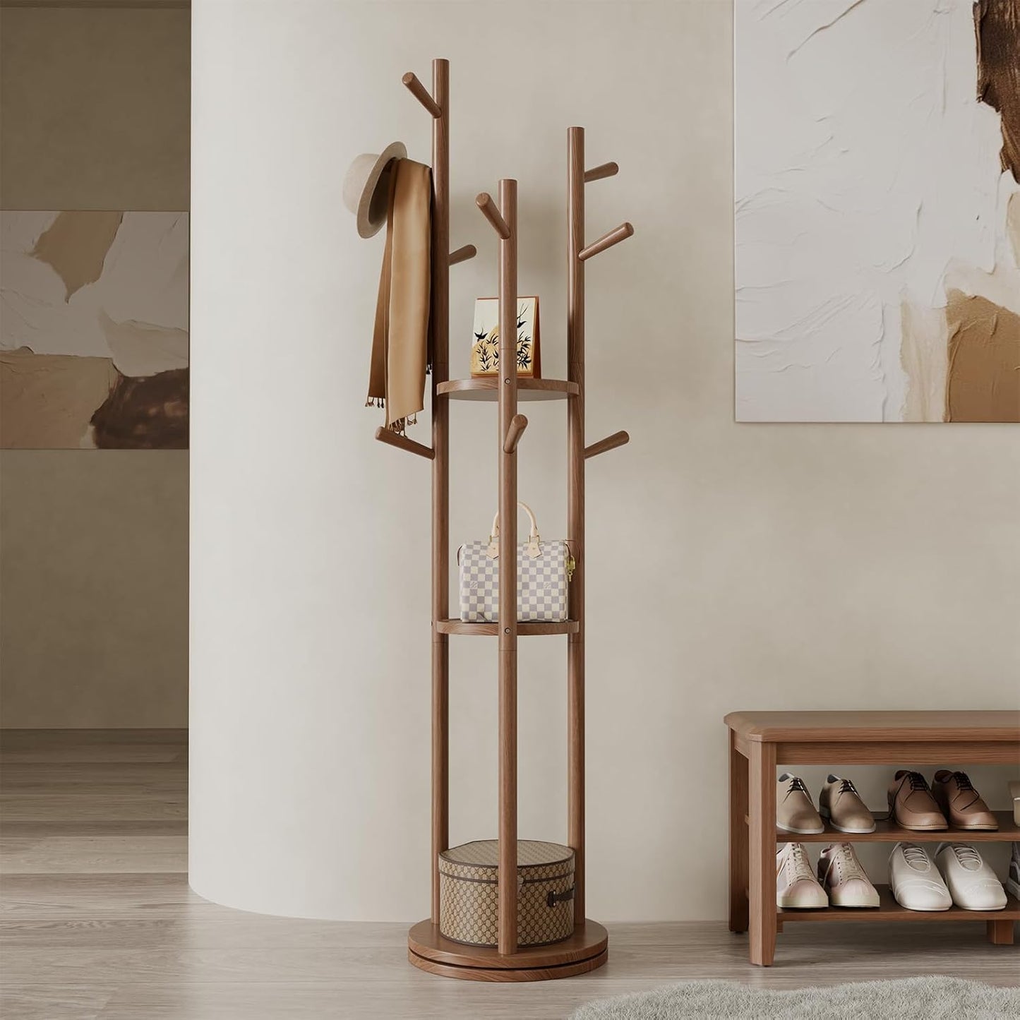 🌿 Modern Wooden Coat Rack Stand – Stylish Entryway Organizer with Hooks & Storage Shelves for Home ✨