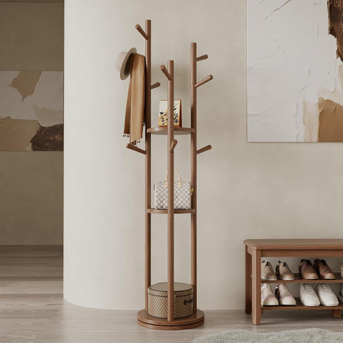 🌿 Modern Wooden Coat Rack Stand – Stylish Entryway Organizer with Hooks & Storage Shelves for Home ✨
