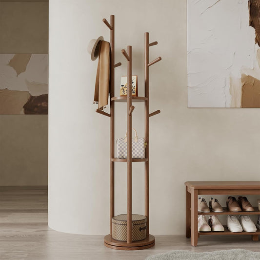 🌿 Modern Wooden Coat Rack Stand – Stylish Entryway Organizer with Hooks & Storage Shelves for Home ✨