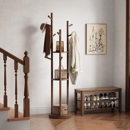 🌿 Modern Wooden Coat Rack Stand – Stylish Entryway Organizer with Hooks & Storage Shelves for Home ✨