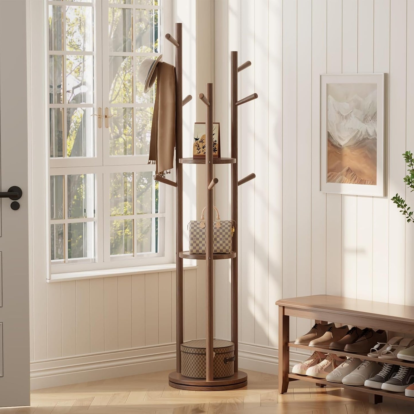 🌿 Modern Wooden Coat Rack Stand – Stylish Entryway Organizer with Hooks & Storage Shelves for Home ✨