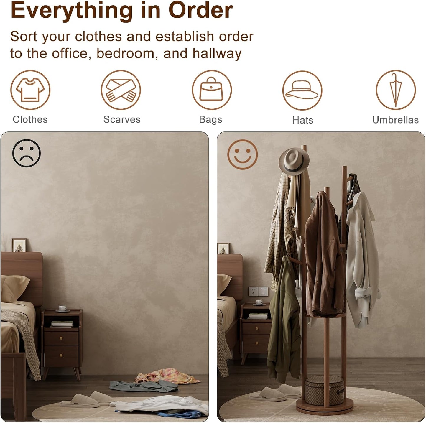 🌿 Modern Wooden Coat Rack Stand – Stylish Entryway Organizer with Hooks & Storage Shelves for Home ✨