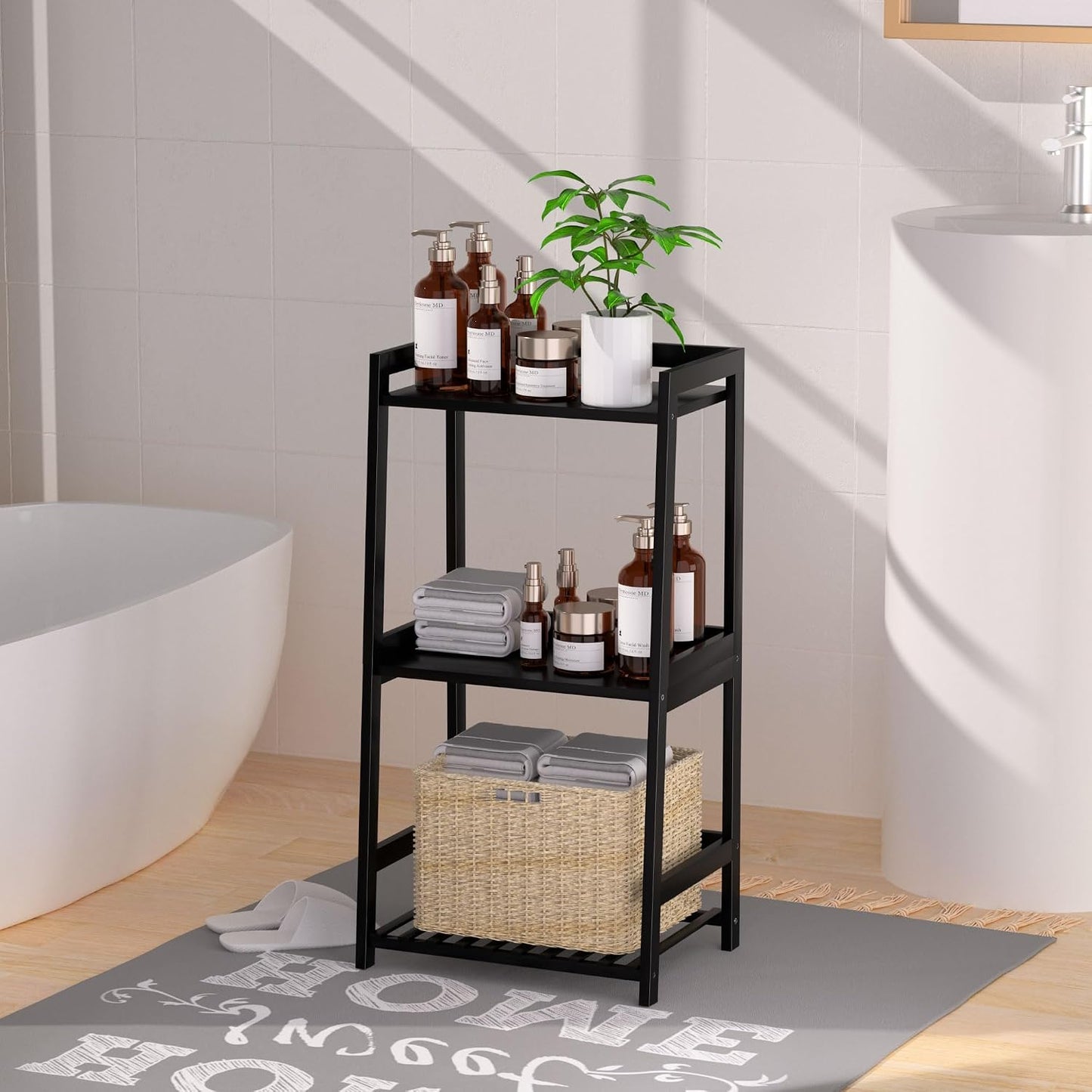 🌿 Natural Bamboo Ladder Shelf – 3 Tier Storage Organizer for Bathroom, Bedroom & Living Room Décor ✨