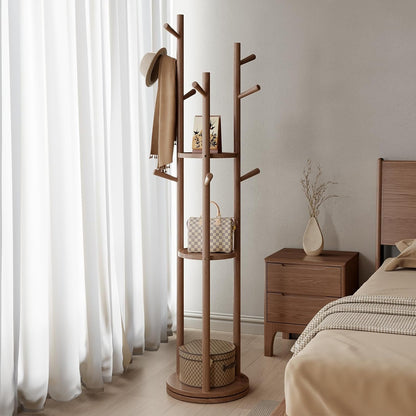 🌿 Modern Wooden Coat Rack Stand – Stylish Entryway Organizer with Hooks & Storage Shelves for Home ✨