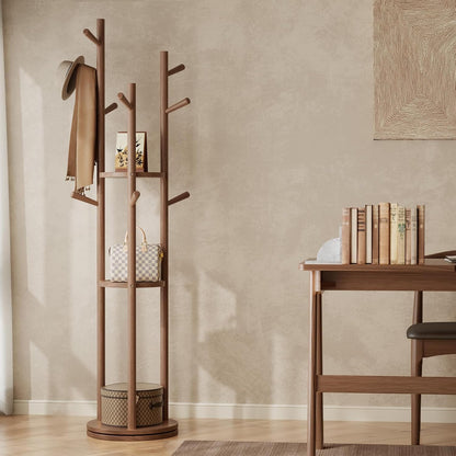 🌿 Modern Wooden Coat Rack Stand – Stylish Entryway Organizer with Hooks & Storage Shelves for Home ✨