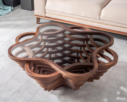 🤎 Luxury Walnut Coffee Table – Modern Sculptural Glass Top Center Table For Elegant Living Spaces ✨