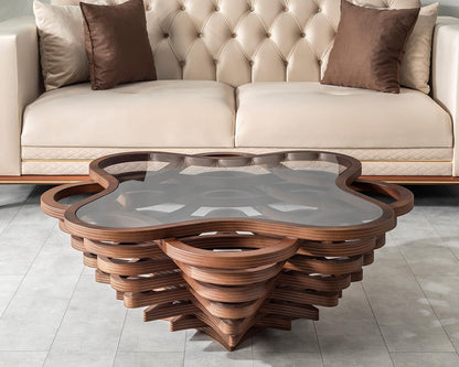 🤎 Luxury Walnut Coffee Table – Modern Sculptural Glass Top Center Table For Elegant Living Spaces ✨
