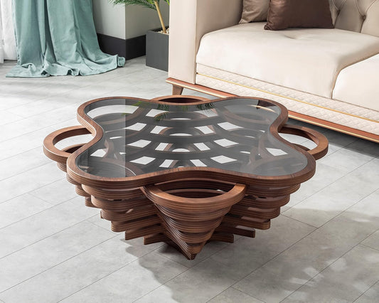 🤎 Luxury Walnut Coffee Table – Modern Sculptural Glass Top Center Table For Elegant Living Spaces ✨