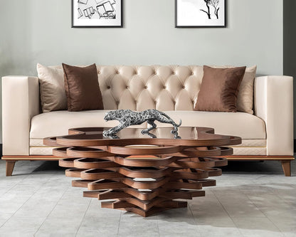🤎 Luxury Walnut Coffee Table – Modern Sculptural Glass Top Center Table For Elegant Living Spaces ✨