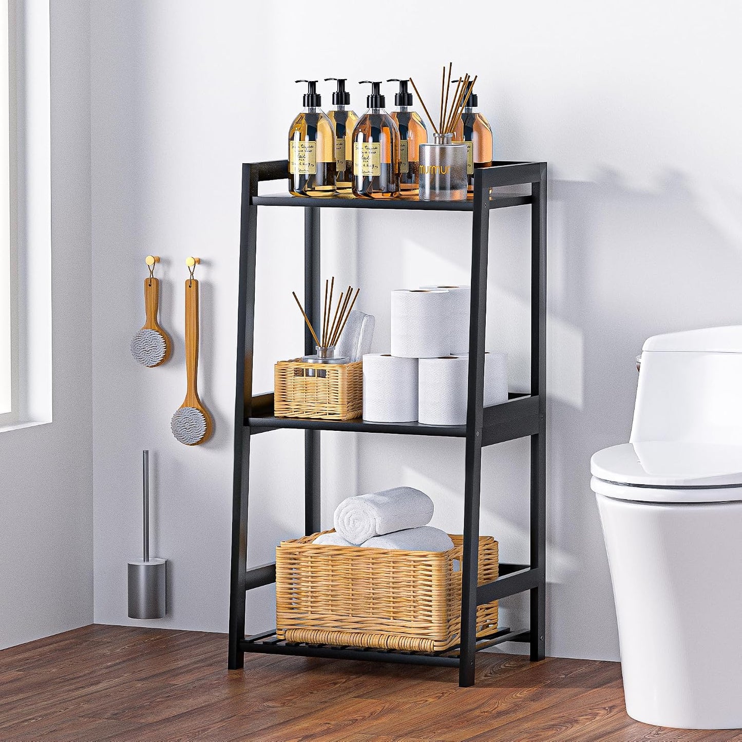 🌿 Natural Bamboo Ladder Shelf – 3 Tier Storage Organizer for Bathroom, Bedroom & Living Room Décor ✨