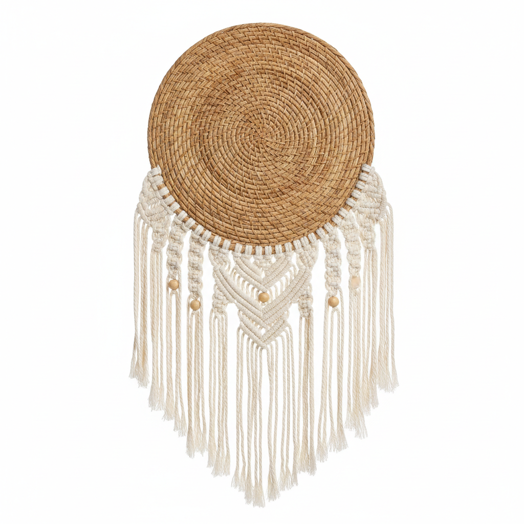 Woven rattan wall hanging with macrame fringe