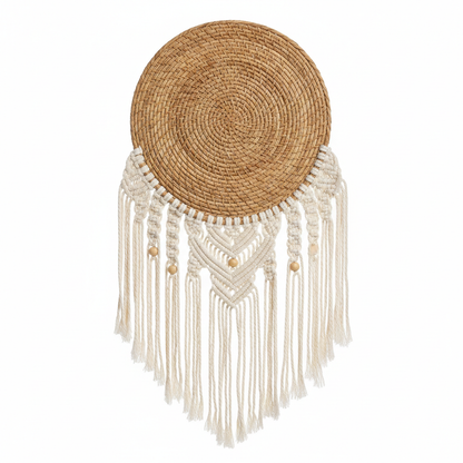 Woven rattan wall hanging with macrame fringe